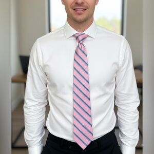 Brooks Brothers Silk Tie Pink w Blue White Stripes 58” x 3.375” Irregular